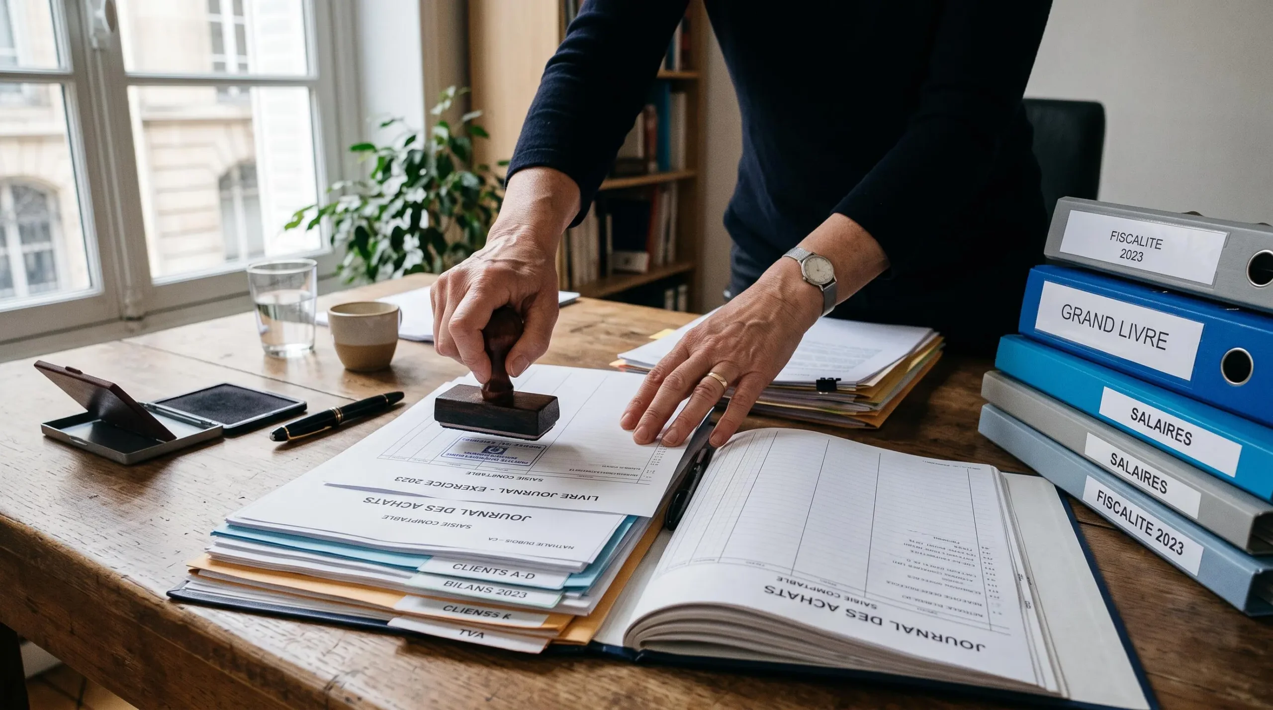Des mains d'expert-comptable trient et visent des documents comptables officiels sur un bureau.