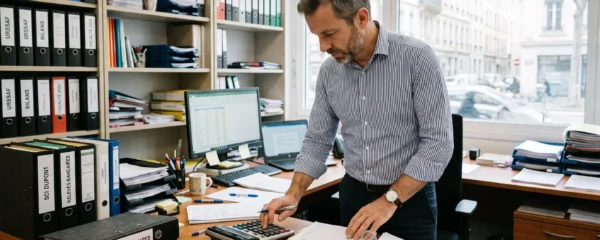Un expert-comptable examine des dossiers comptables à son bureau dans un cabinet lumineux.