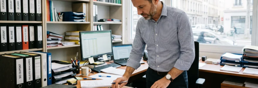 Un expert-comptable examine des dossiers comptables à son bureau dans un cabinet lumineux.