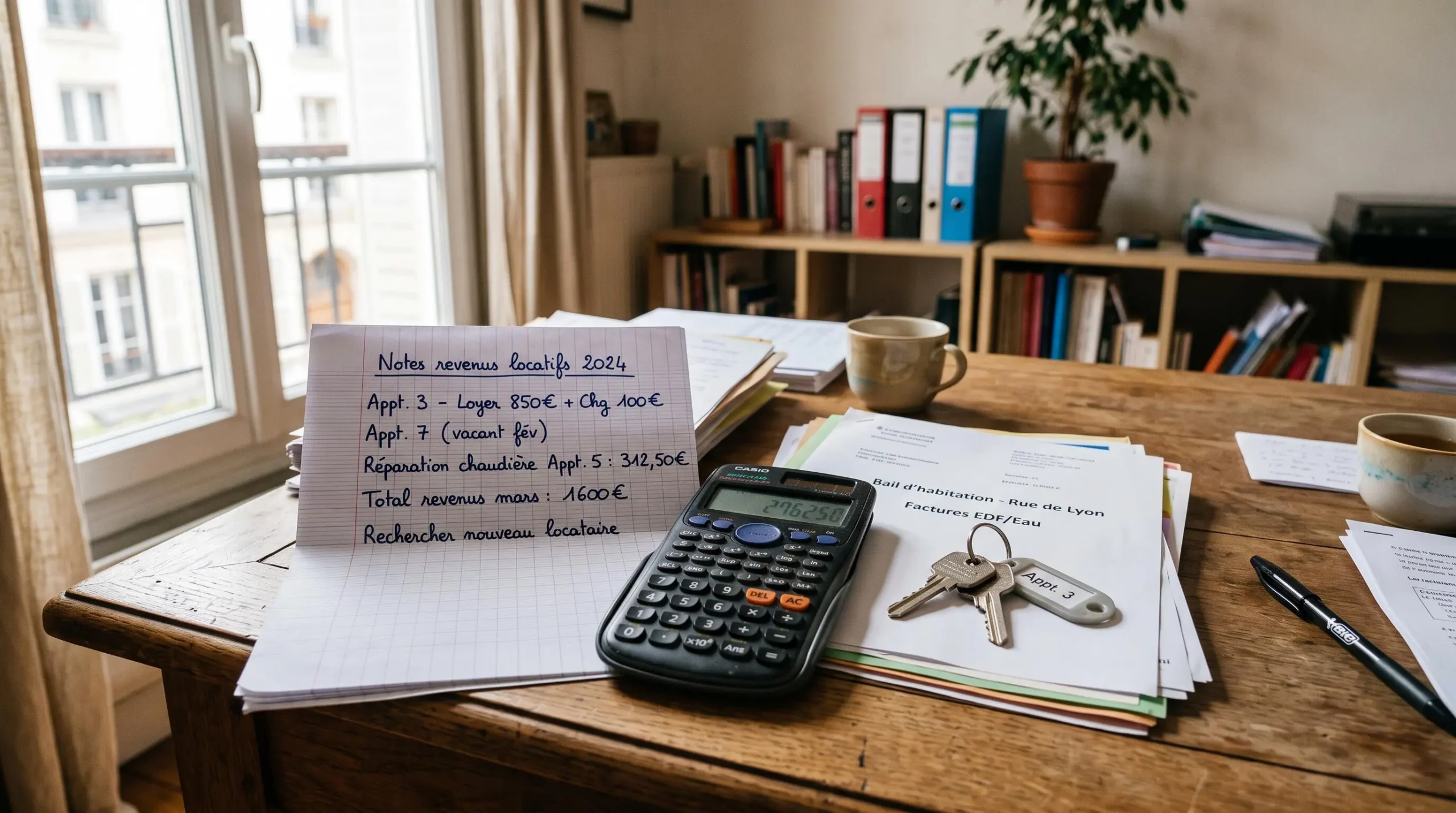 Un bureau avec des documents de location, une calculatrice et des clés d'appartement.